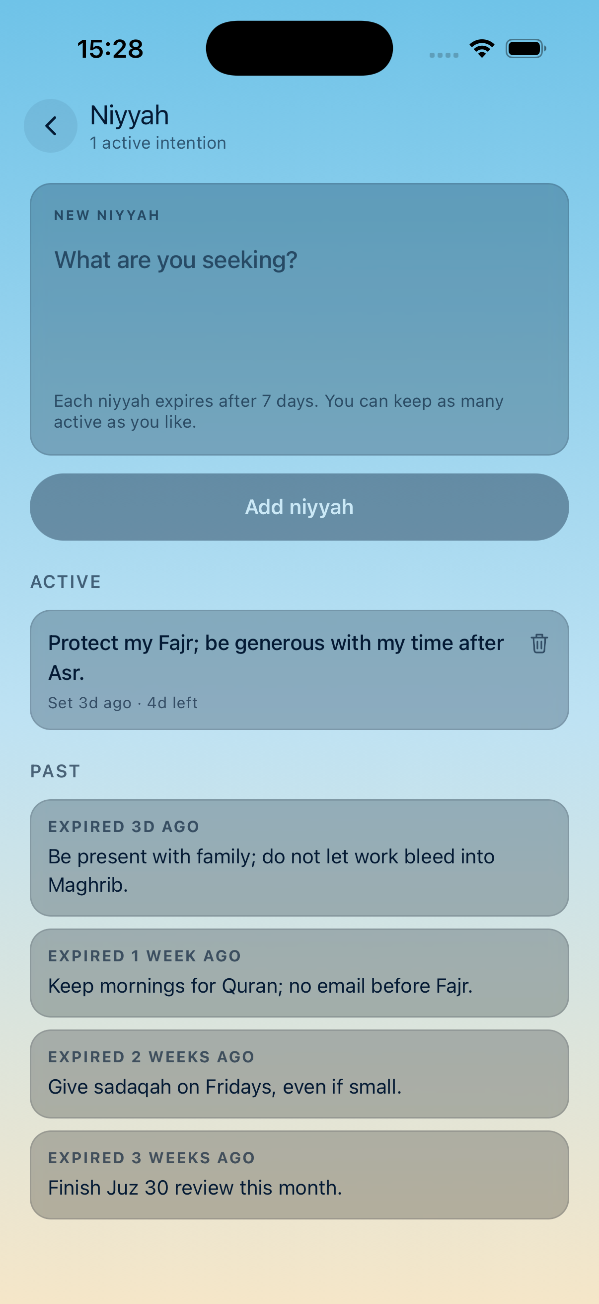 Solah intention log screen