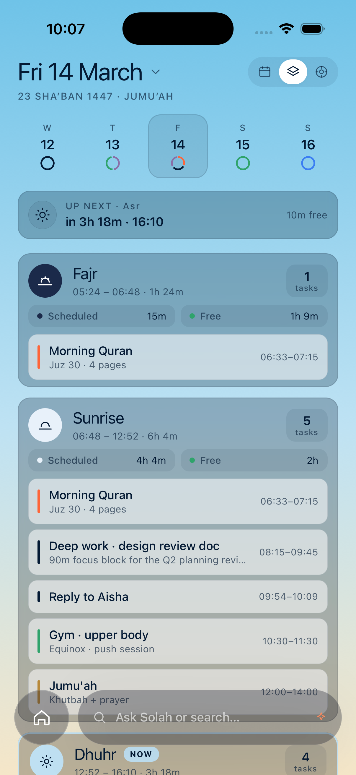 Solah's grouped view: the day segmented by prayer window, with tasks settling inside each one