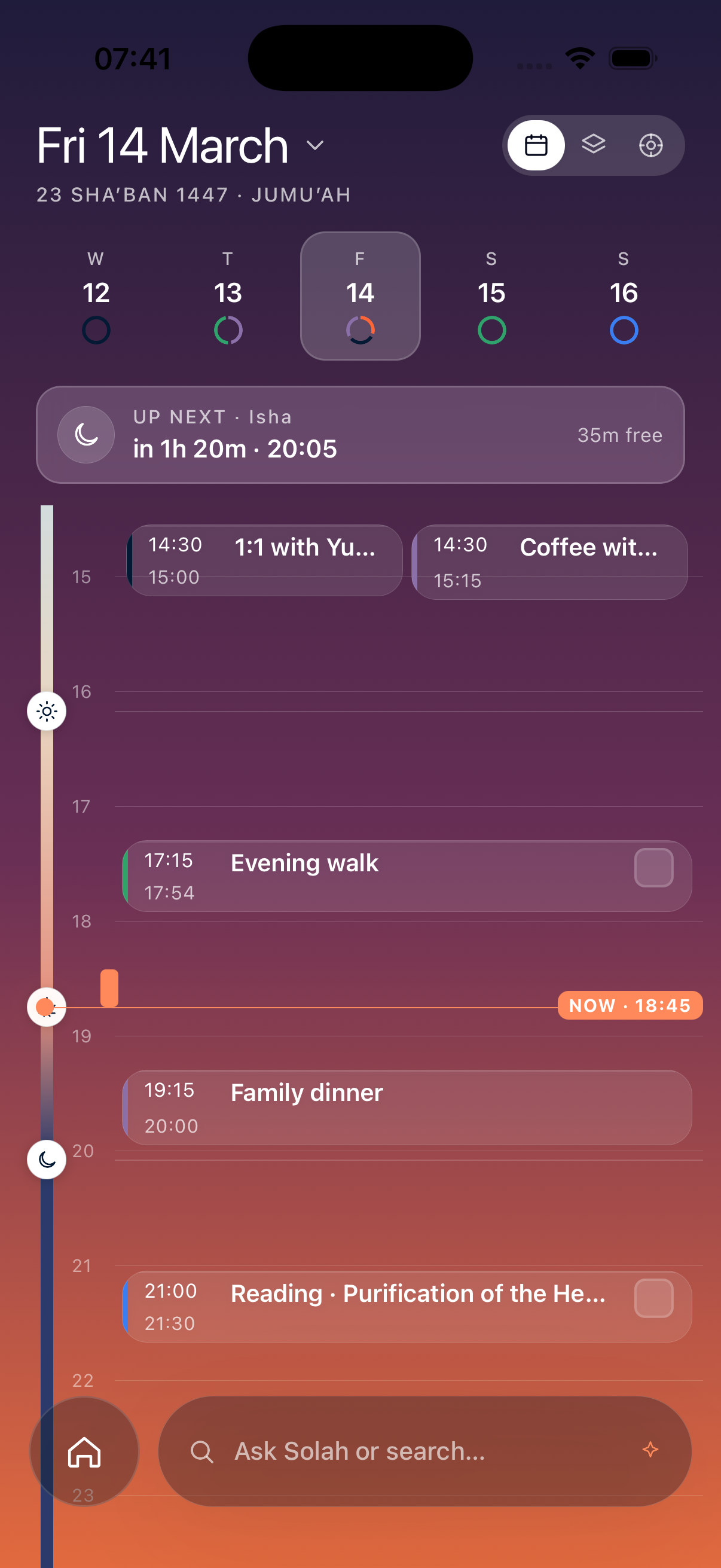 Solah schedule timeline at Maghrib — tasks flowing around the prayer windows