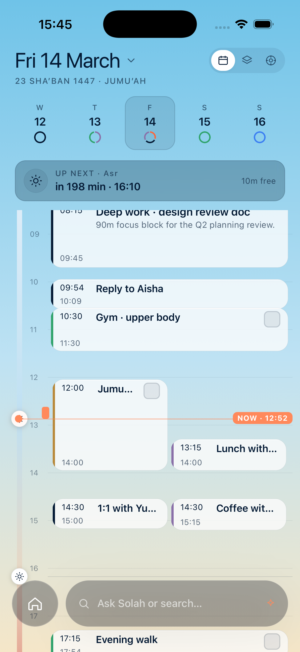 Solah schedule timeline screen